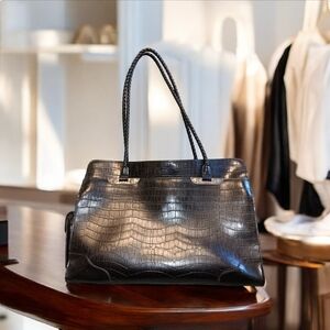 Bueno Vegan Leather Bag Black Crocodile Embossed with Lovely Paisley Lining